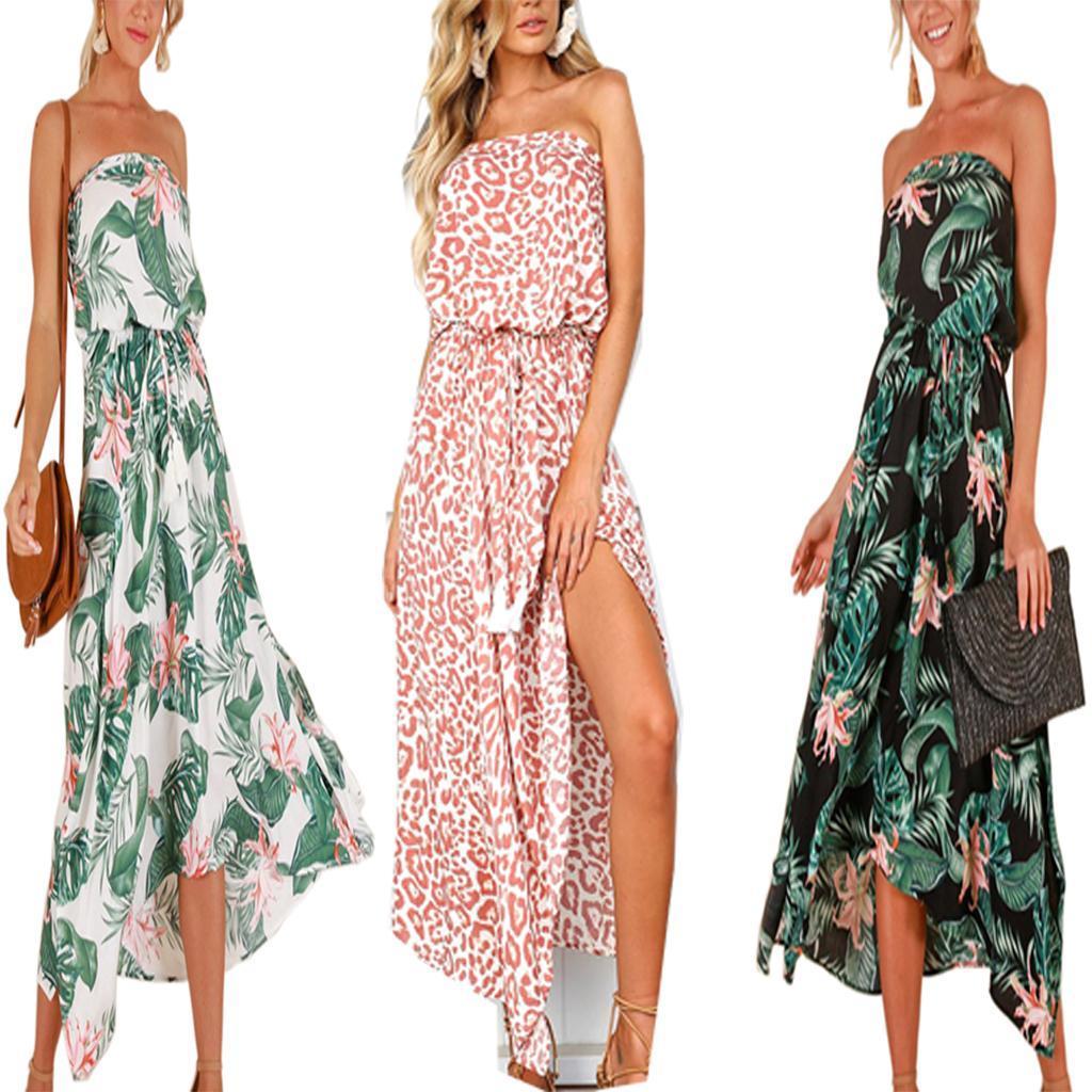 Women's Summer Strapless Floral Print Boho Tube Wrap Chest Beachwear Dress