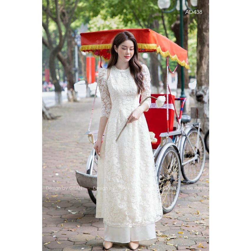 Set áo dài trắng ren hoa viền hạt cổ khoét vai kèm quần suông đi chùa chúc tết