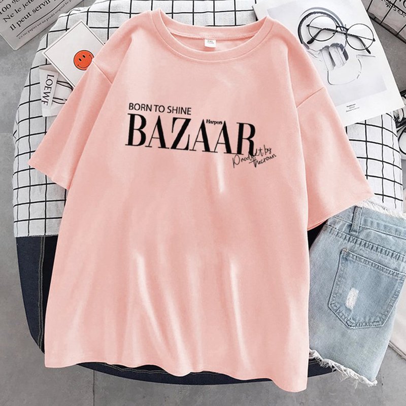 Áo Thun Nữ Màu Xanh In Chữ BORN TO SHINE BAZAAR