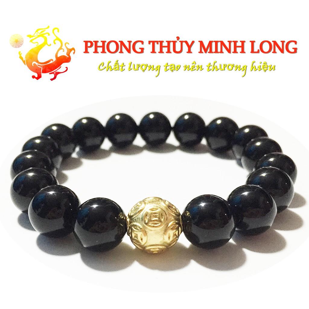 Vòng tay đá Mã Não Đen hàng 3A mix hạt Kim Tiền bằng Bạc charm Vàng hợp mệnh Thủy và Mộc