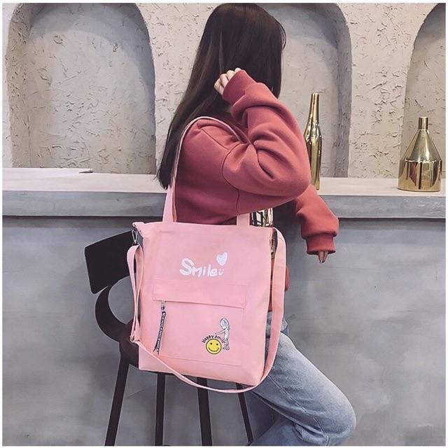 Túi ToTe đeo chéo và đeo vai thời trang kiểu mới chữ HAPPY SMILE of KITI SHOP 01 HOT có khóa kéo vừa A4