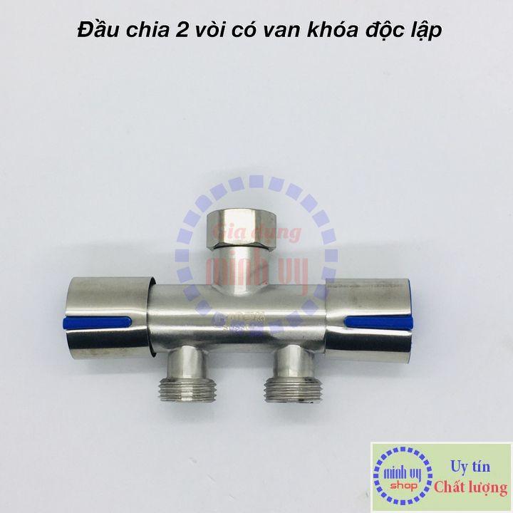 Van Nước 2 cổng xả có điều khiển (xanh) riêng biệt dạng vòi chia nước - đầu ra 21mm Inox SUS304-VC2xanhthang