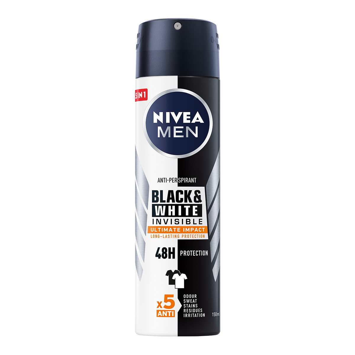 Xịt Ngăn Mùi NIVEA MEN Black &amp; White Ngăn Vệt Ố Vàng Vượt Trội 5in1 (150ml) - 85388