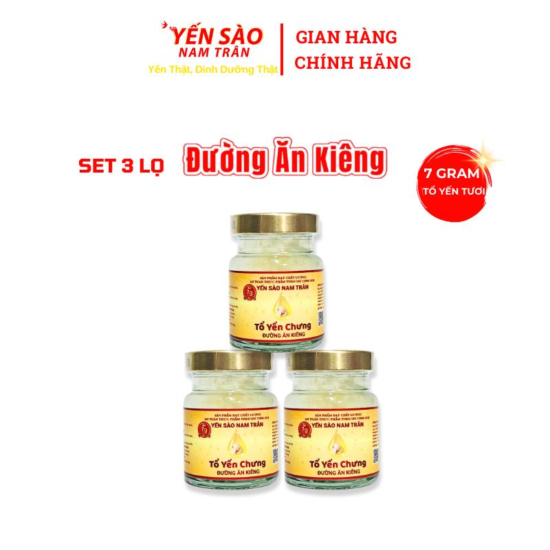 Yến Sào Chưng Sẵn Đường Ăn Kiêng NAM TRÂN 7 gram Tổ Yến Tươi. Set 3 lọ Không hộp. Lọ 70 ml