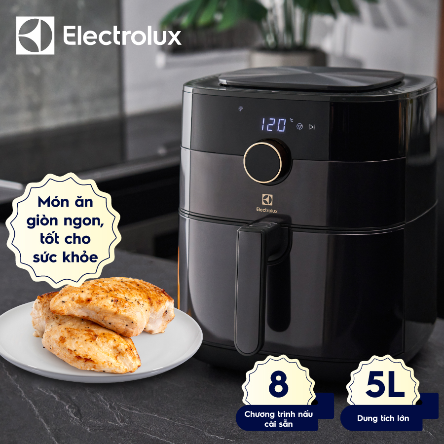 Nồi chiên không dầu Electrolux E6AF1-520K - Dung tích giỏ chiên 5 lít - 8 chương trình nấu [Hàng Chính Hãng]