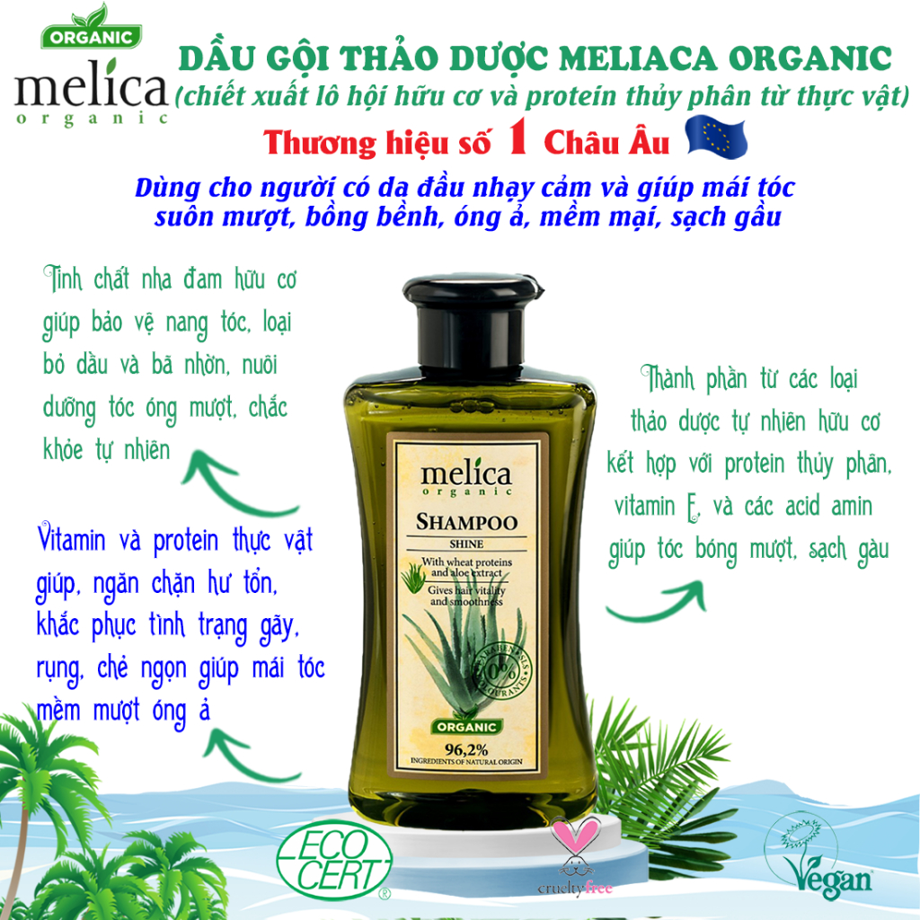 Dầu gội thảo dược hữu cơ cho da đầu nhạy cảm tóc chắc khỏe, suôn mượt, mềm mại Melica Organic 300ml nha đam