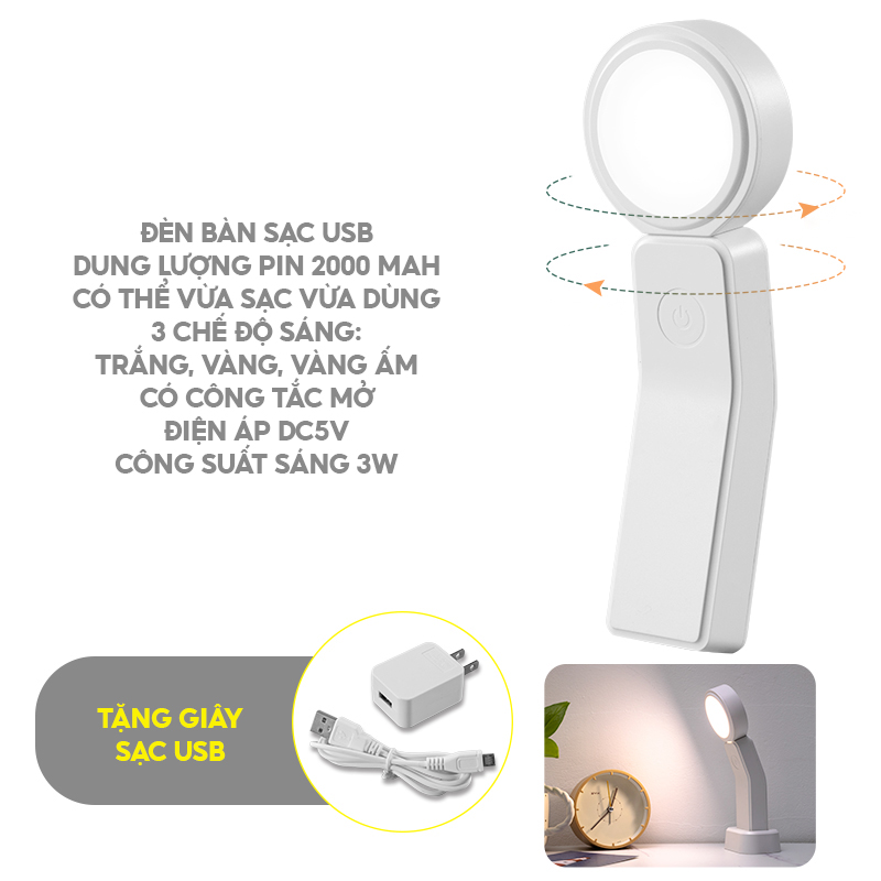 Đèn Bàn Học Cảm Ứng Đèn Pin Cầm Tay Dự Phòng Công Suất Sáng 3w Có 3 Chế Độ Sáng Tặng dây usb Dung Lượng Pịn 2000mah