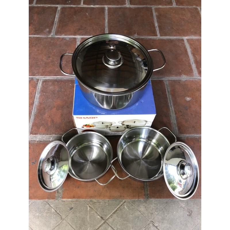 Bộ 3 nồi INOX dùng cho MỌI LOẠI BẾP - Bộ nồi inox bếp từ hàng khuyến mãi PR-HECS1 Nồi Sharp
