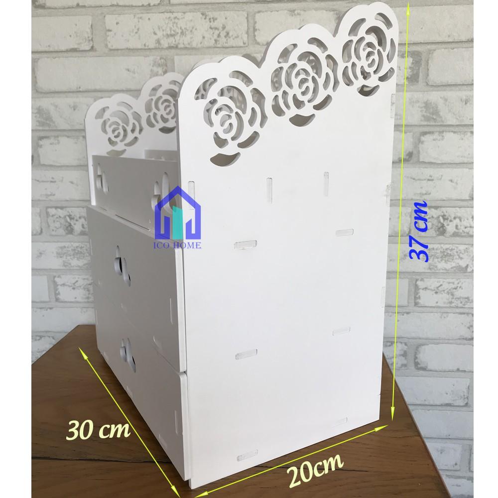 Kệ đựng mỹ phẩm, đồ trang điểm màu trắng, có 2 hộc kéo, khắc hoa hồng cực xinh - ICO HOME