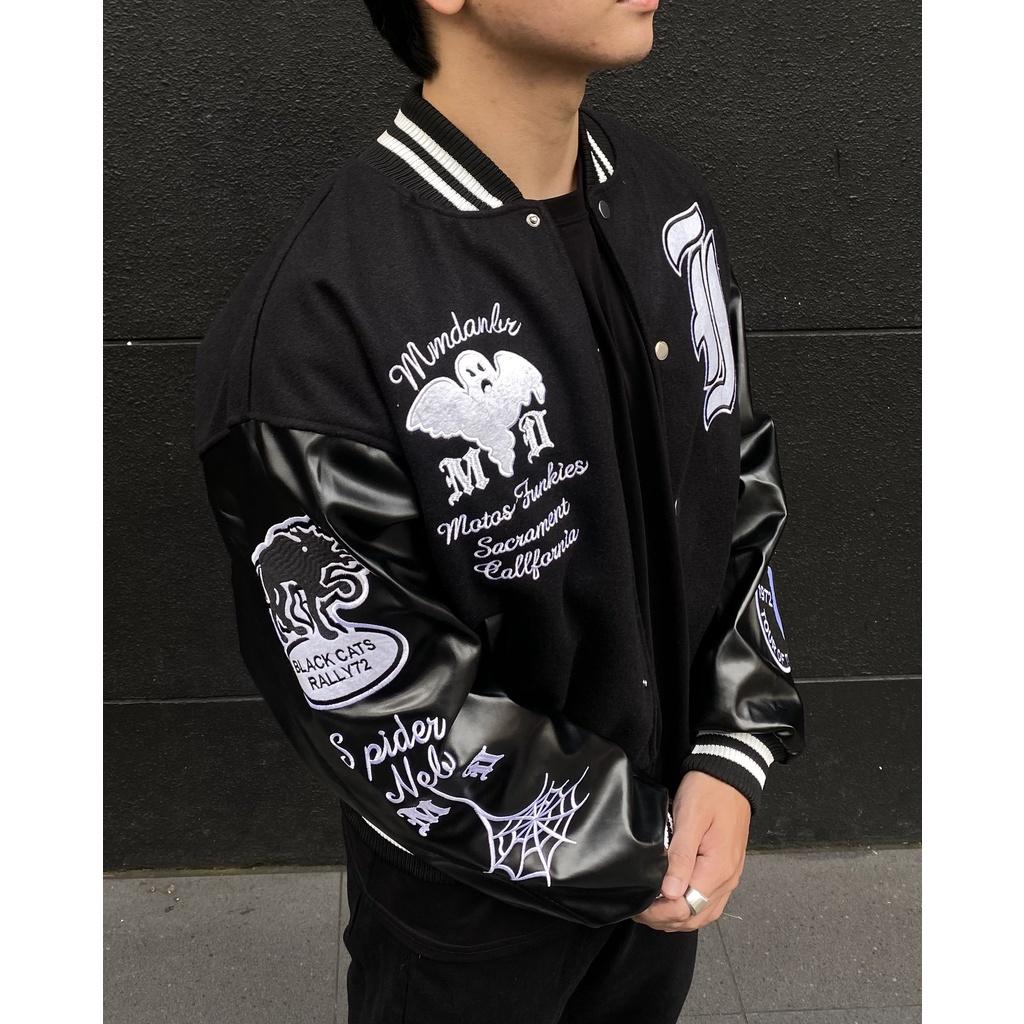 Bomber tay da ghost vintage , varsity jacket nam nữ chất dạ 2 lớp , áo khoác bóng chày local brand unisex - Gin Store