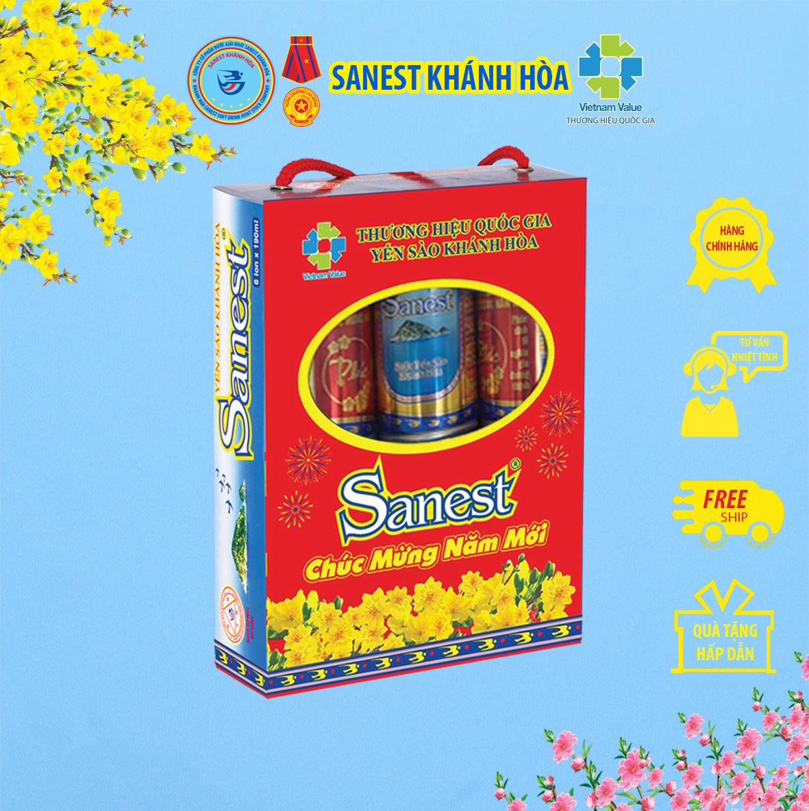 Hộp 6 lon Nước Yến sào Khánh Hòa Sanest có đường Xuân - Đóng lon 190ml