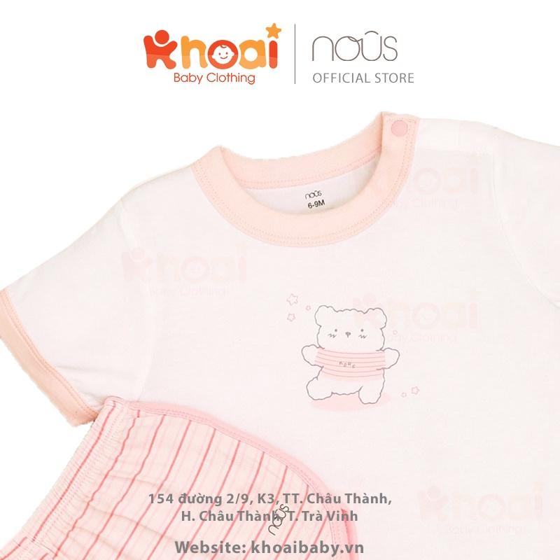 Bộ cài vai cộc Nous kẻ hồng trắng hình gấu - Chất liệu Nu Petit 95% cotton thiên nhiên