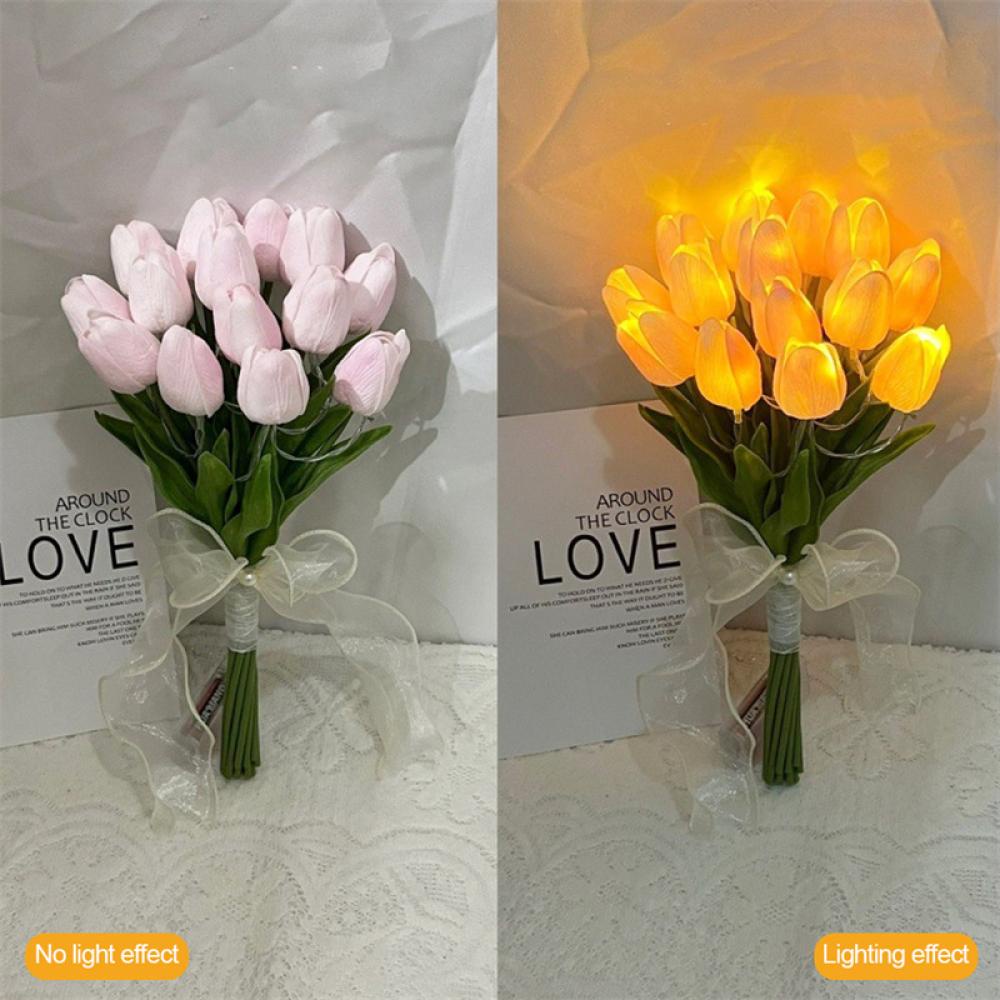 Bó 10 Cành Hoa Tulip Kèm Đèn Led Phát Sáng Hoa Cưới Hoa Lụa Giả Kèm Nơ Xinh Decor Trang Trí Nhà Cửa