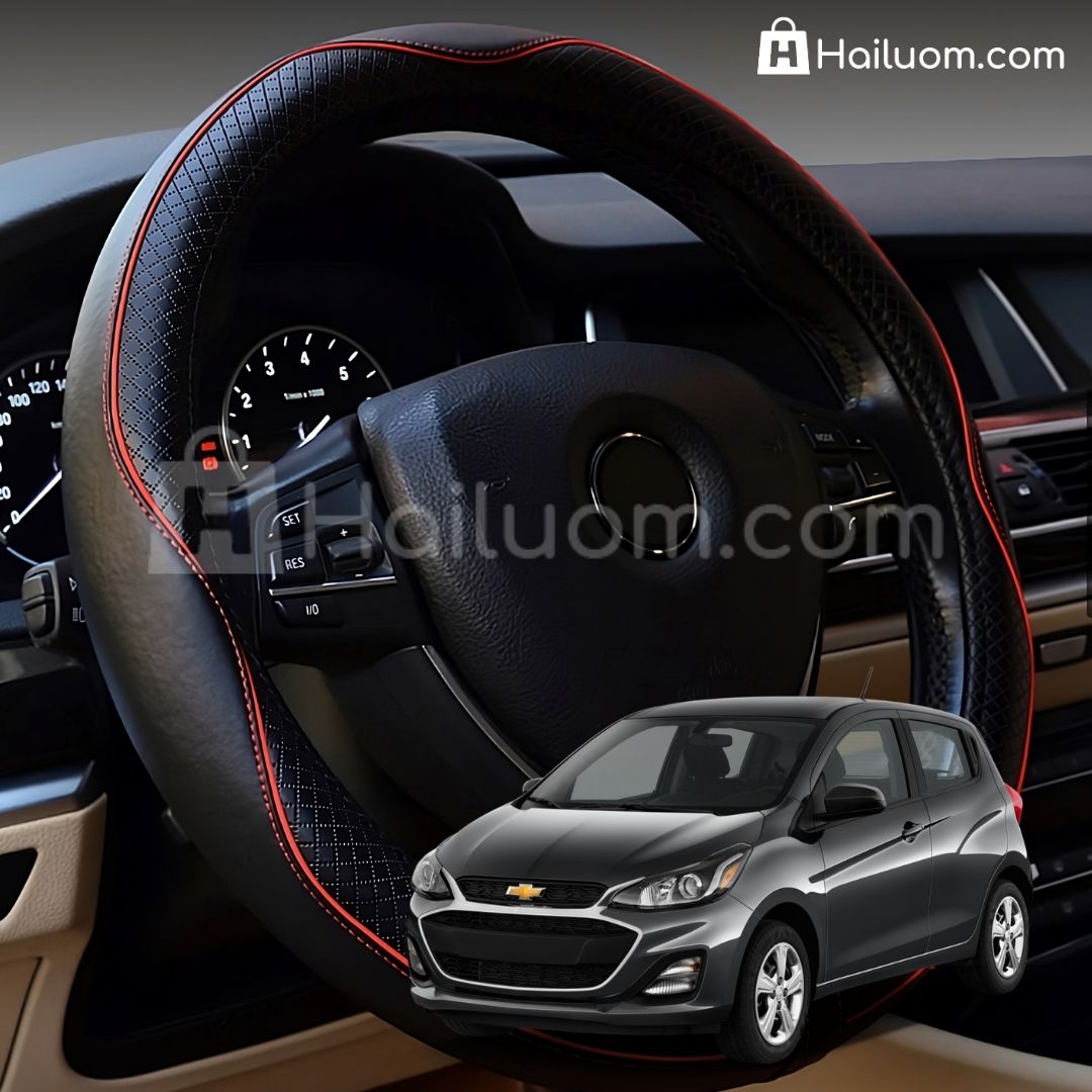 Bọc Vô Lăng ô tô cho CHEVROLET SPARK Da Thật Cao Cấp - Màu Đen Chỉ Đỏ