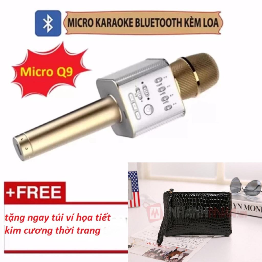 Micro hát Karaoke Q9 3 trong 1 (Vàng) tặng túi ví cầm tay da cá sấu siêu hot