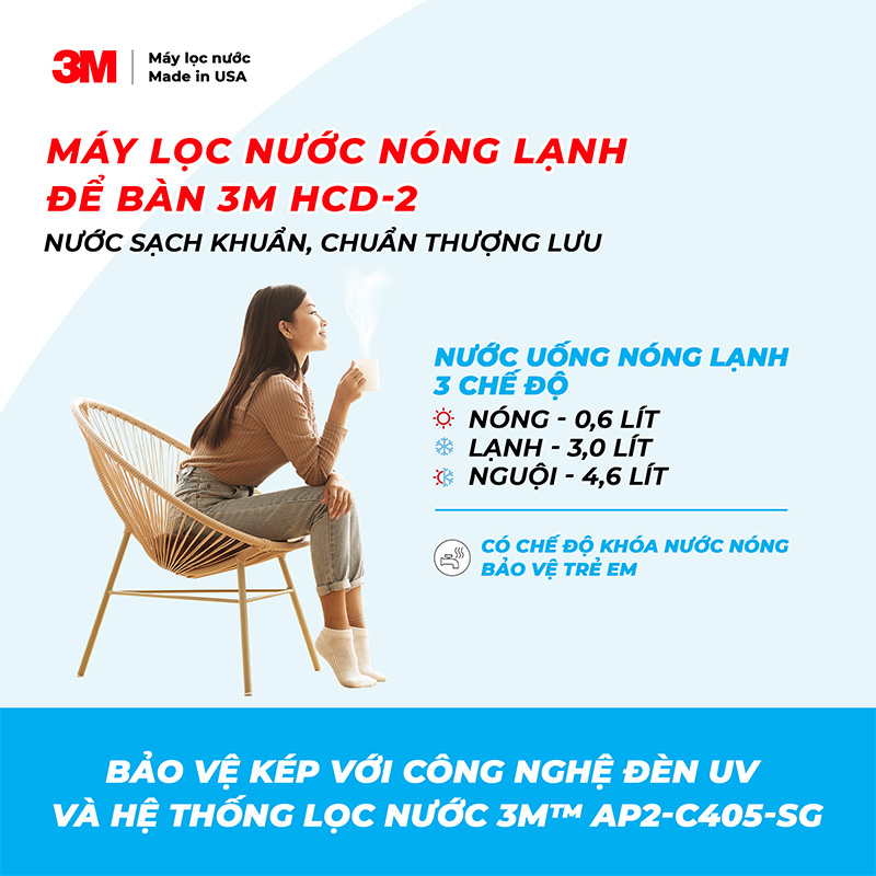 Máy Lọc Nước Nóng Lạnh Để Bàn 3M HCD-2 Cao Cấp, Công Nghệ Bảo Vệ Kép 3M Với Đèn UV, Nhập Khẩu Mỹ - Hàng Chính Hãng 3M