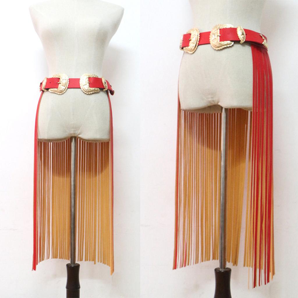Fashion Women PU Leather Fringe Dress Punk Style Belt Buckle Long Tassel Skirt