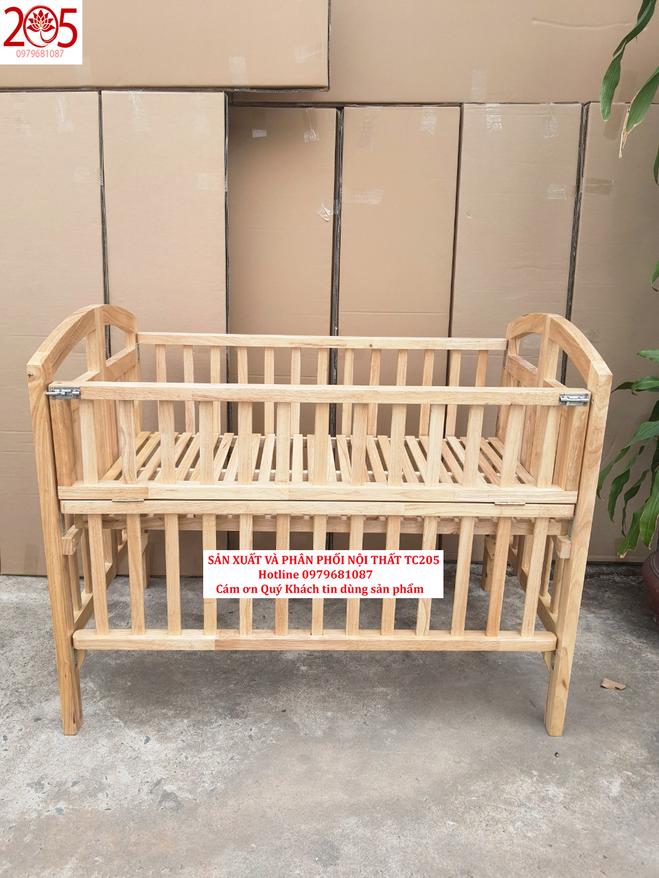 CŨI GỖ THÔNG CÓ THỂ GẤP GỌN  70x110x90cm - 205TC Foldable solid wooden baby crib