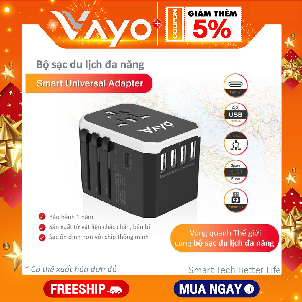 ổ cắm sạc du lịch đa năng 30W toàn cầu cho máy tính và điện thoại, dễ dàng sử dụng với ổ cắm điện đa quốc gia, bảo vệ thiết bị khỏi quá tải và quá nhiệt -Vayo Smart Univeral Adapter