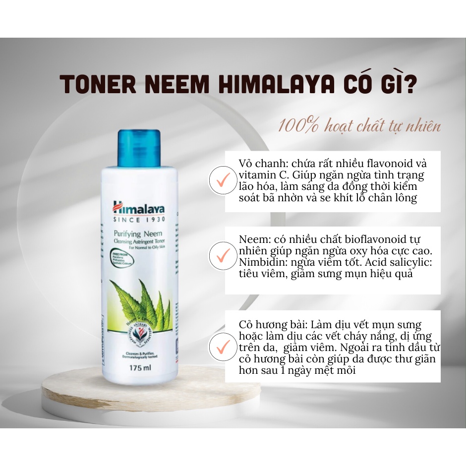 Nước hoa hồng không cồn hỗ trợ giảm mụn Himalaya Purifying Neem Cleansing Astringent 175ml