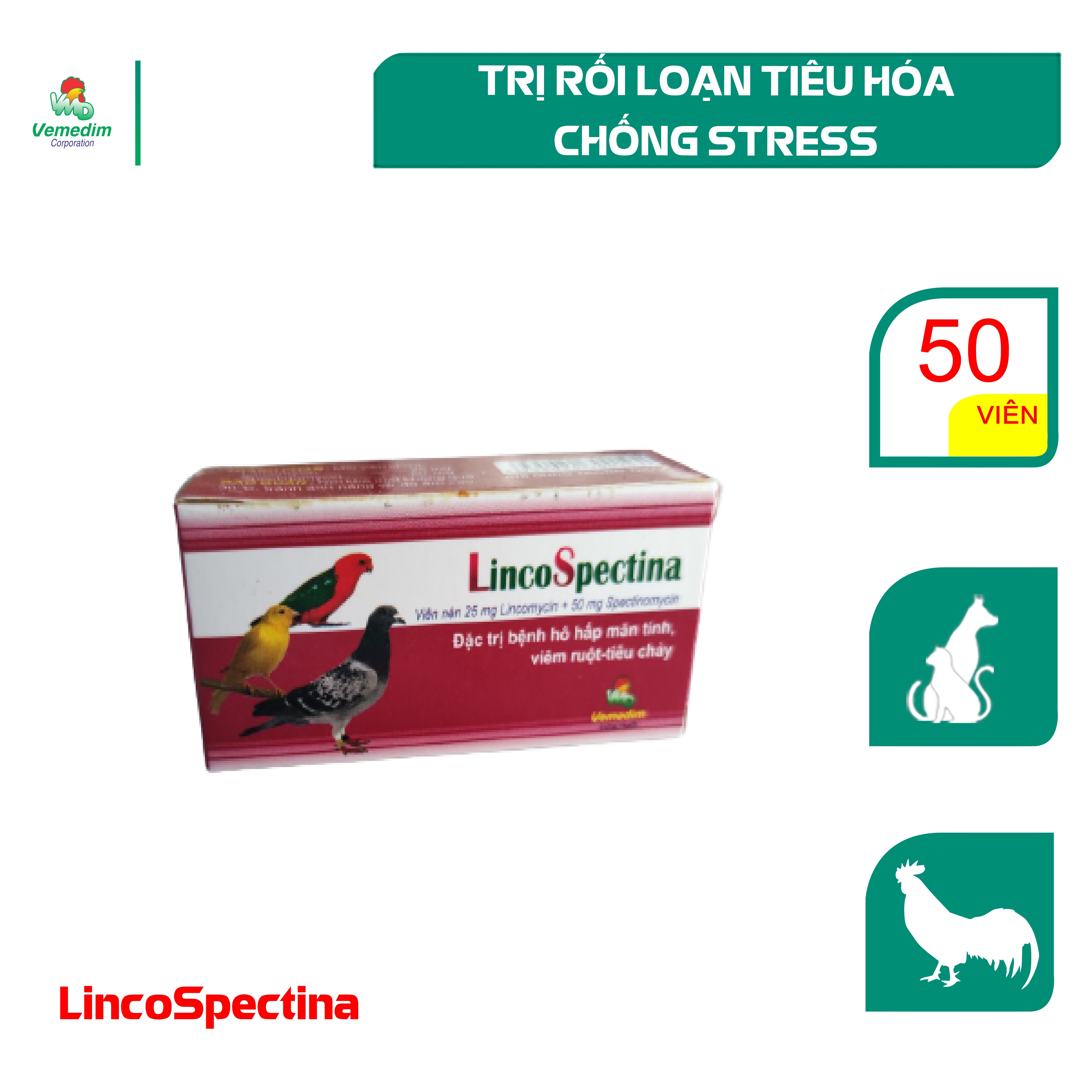 LincoSpectina trị nhiễm trùng đường hô hấp và tiêu hóa cho cho chim, gà cảnh, chó, mèo, Hộp 50 viên, sản phẩm Vemedim