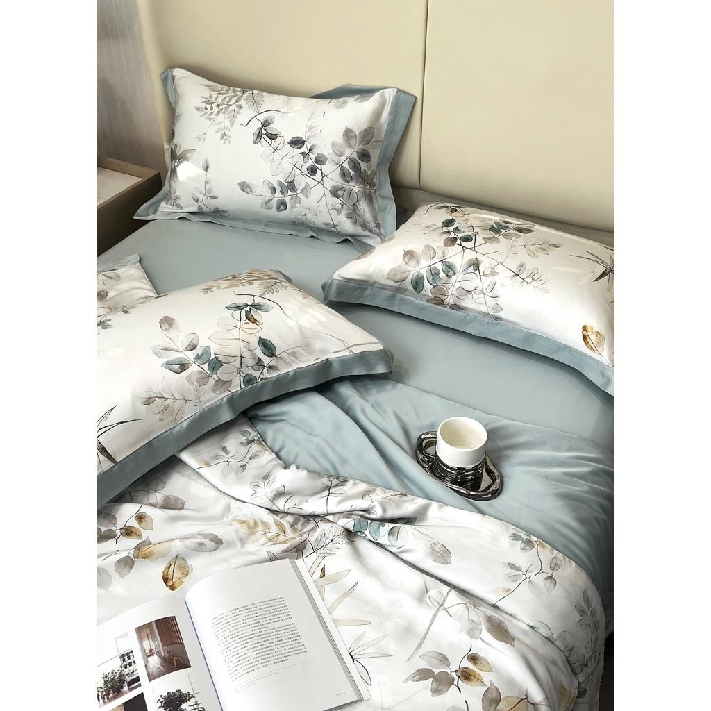 Bộ chăn ga gối cao cấp 100%Tencel 100s Digital Print, Set 4 món chăn chần hè phối ren siêu mềm mát mịn