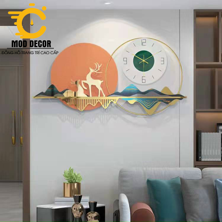 Đồng hồ treo tường kim trôi hươu mặt cam 2175 decor phòng khách sang trọng