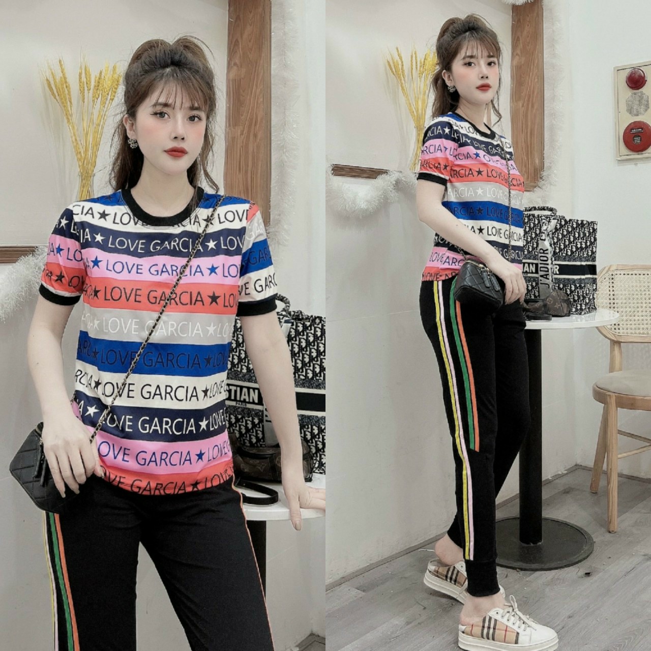 Bộ thun cotton thể thao sọc kẻ phối chữ