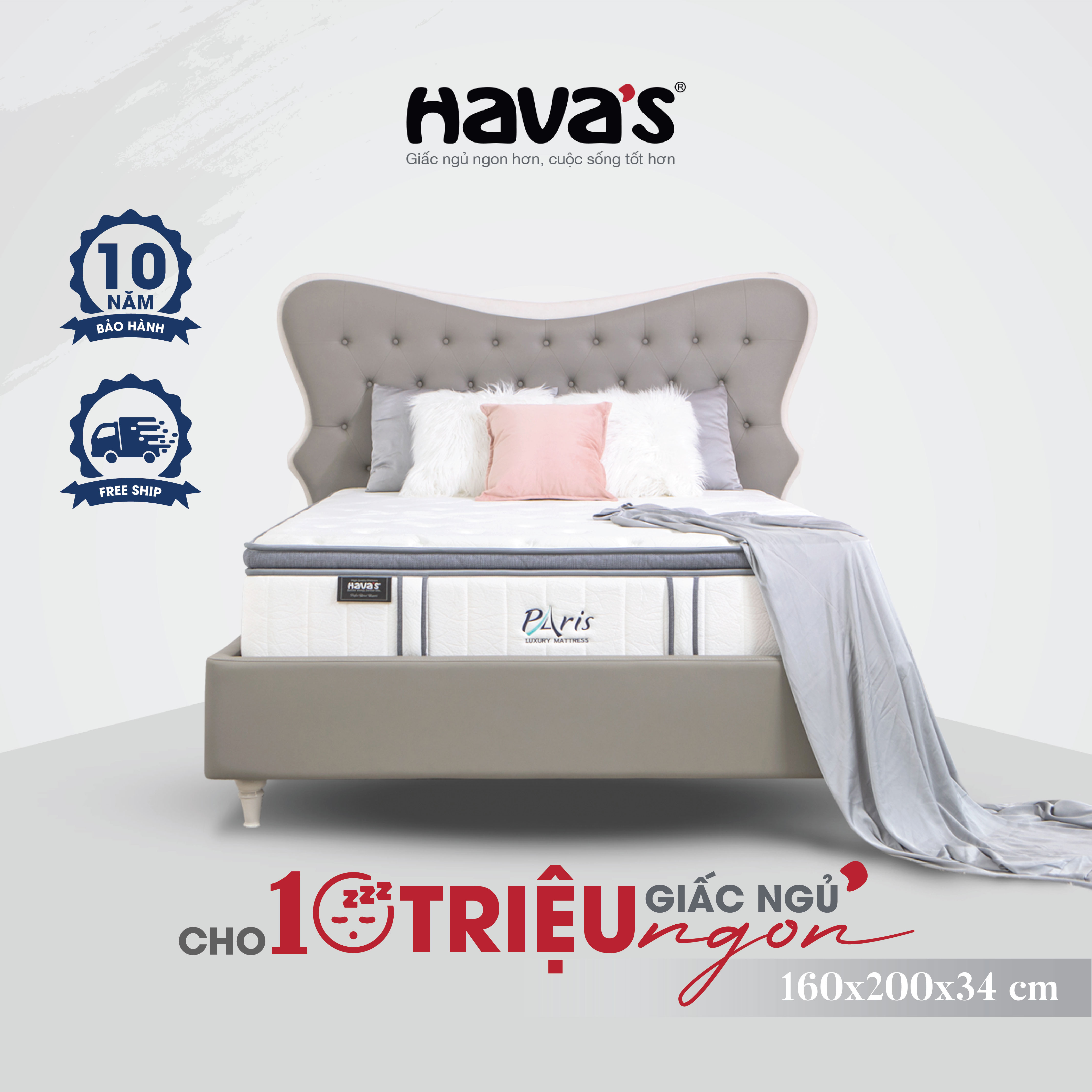 Nệm Havas Paris 1m6 và 1m8 lò xo túi nâng đỡ, mặt chần Box Top thẩm mỹ, thông thoáng