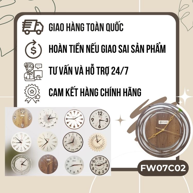 Đồng Hồ Tròn Treo Tường Kim Trôi Decor Trang Trí, Thương Hiệu FIVO Mẫu FW07  Phong Cách Sang Trọng Hiện Đại