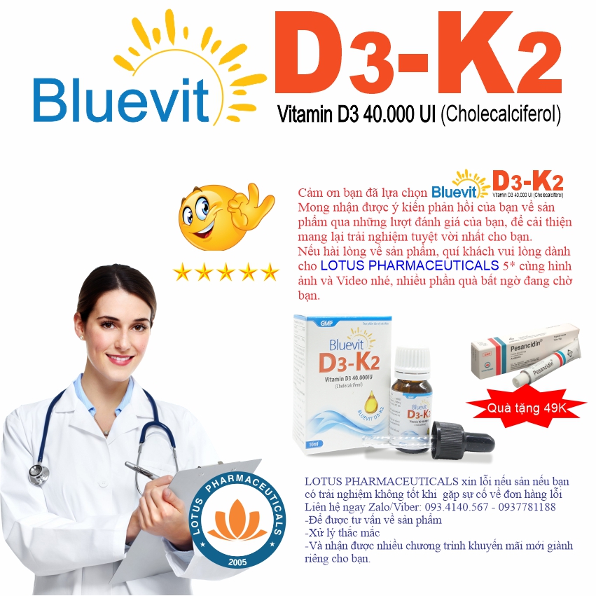 Thực phẩm bổ sung Vitamin D3 K2 - BLUEVIT cho trẻ sơ sinh, trẻ còi xương suy dinh dưỡng