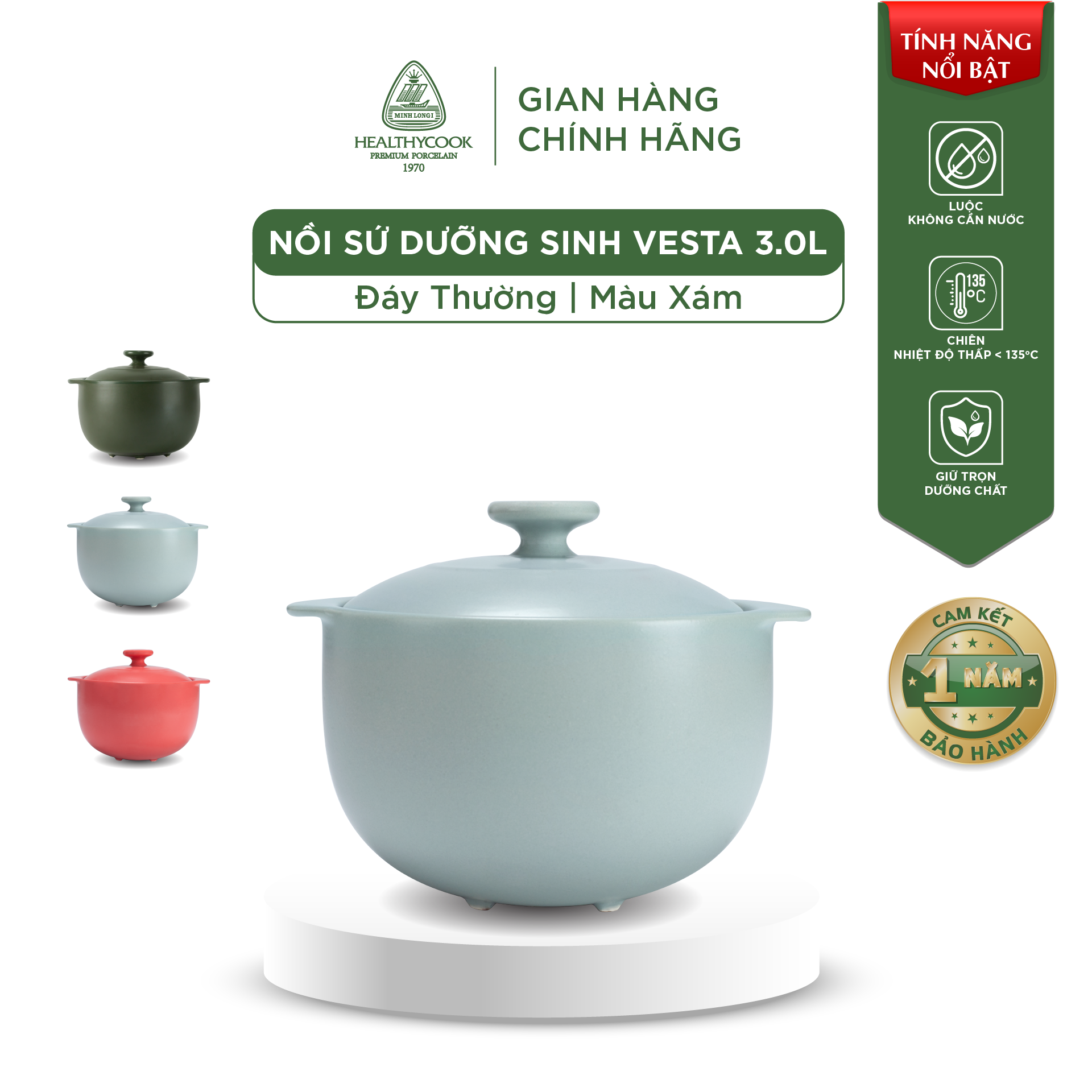 Nồi Sứ Dưỡng Sinh Minh Long Healthy Cook Vesta 3.0 L - Dùng Cho Bếp Gas, Bếp Hồng Ngoại - Màu Xám