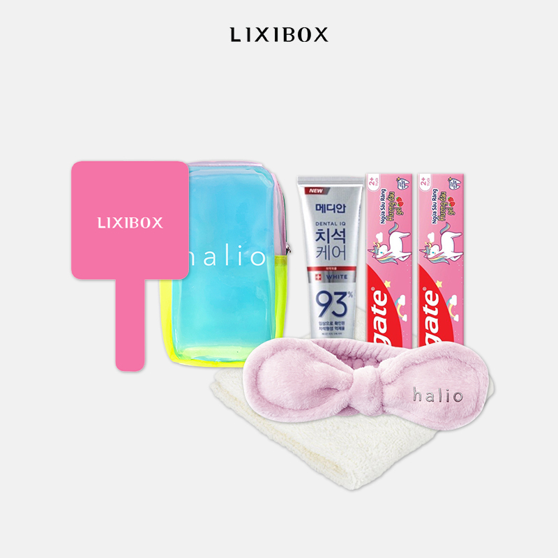 [HB Gift] Combo Khăn Mặt Lixibox, Gương Cầm Tay, Băng Đô Rửa Mặt, Kem Đánh Răng Median, Kem Đánh Răng Colgat, Túi đựng mỹ phẩm