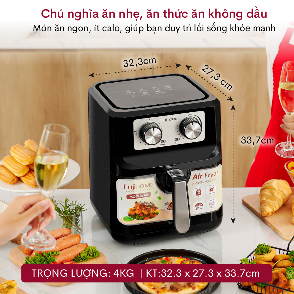 Nồi chiên không dầu 5 Lít nhập khẩu CN Nhật Bản Fujihome A5 tự ngắt, nồi chiên ko dầu cơ 5L, lòng nồi chống dính cao cấp tháo rời - Hàng Chính Hãng