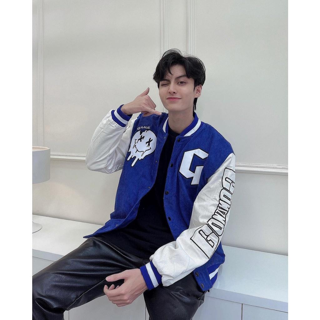 Áo Khóac Form Rộng Nhung Tăm Jacket Varsity FunFace Blue V13