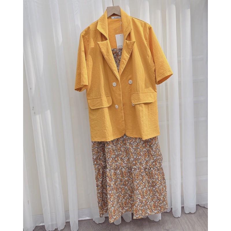 SET ÁO BLAZER VEST CỘC TAY VÀNG MIX VÁY HAI DÂY HOA NHÍ ĐUÔI CÁ SIÊU PHẨM XINH XẮN