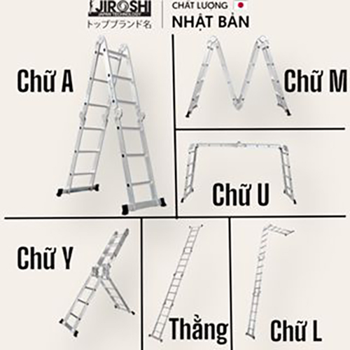 Thang nhôm gấp 4 đoạn Jiroshi 3 4 5 6 bậc, thang gấp 4 khúc chữ m khóa tự động hợp kim nhôm Nhật Bản