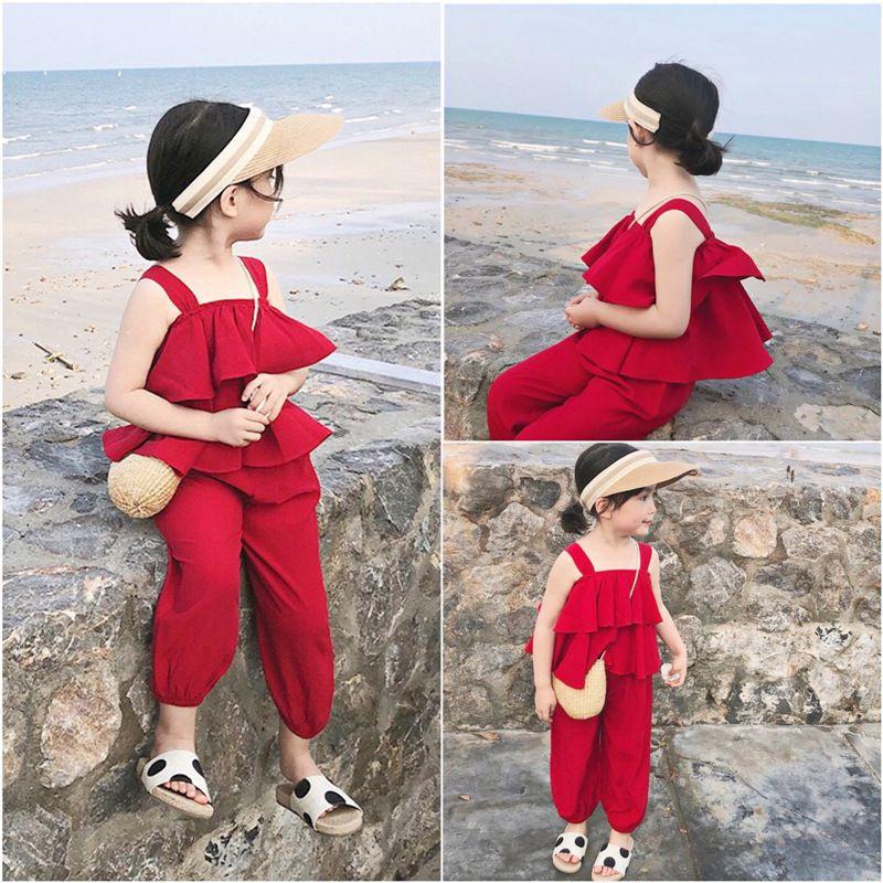 Set áo dây 2 tầng + quần dài màu đỏ sz 13-20kg