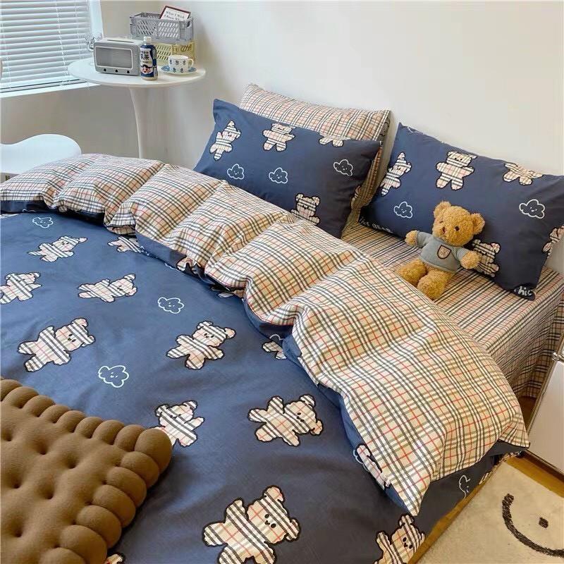 Bộ chăn ga Cotton Poly M2T bedding chăn ga Hàn Quốc gấu xanh bbr đủ size miễn phí bo chun