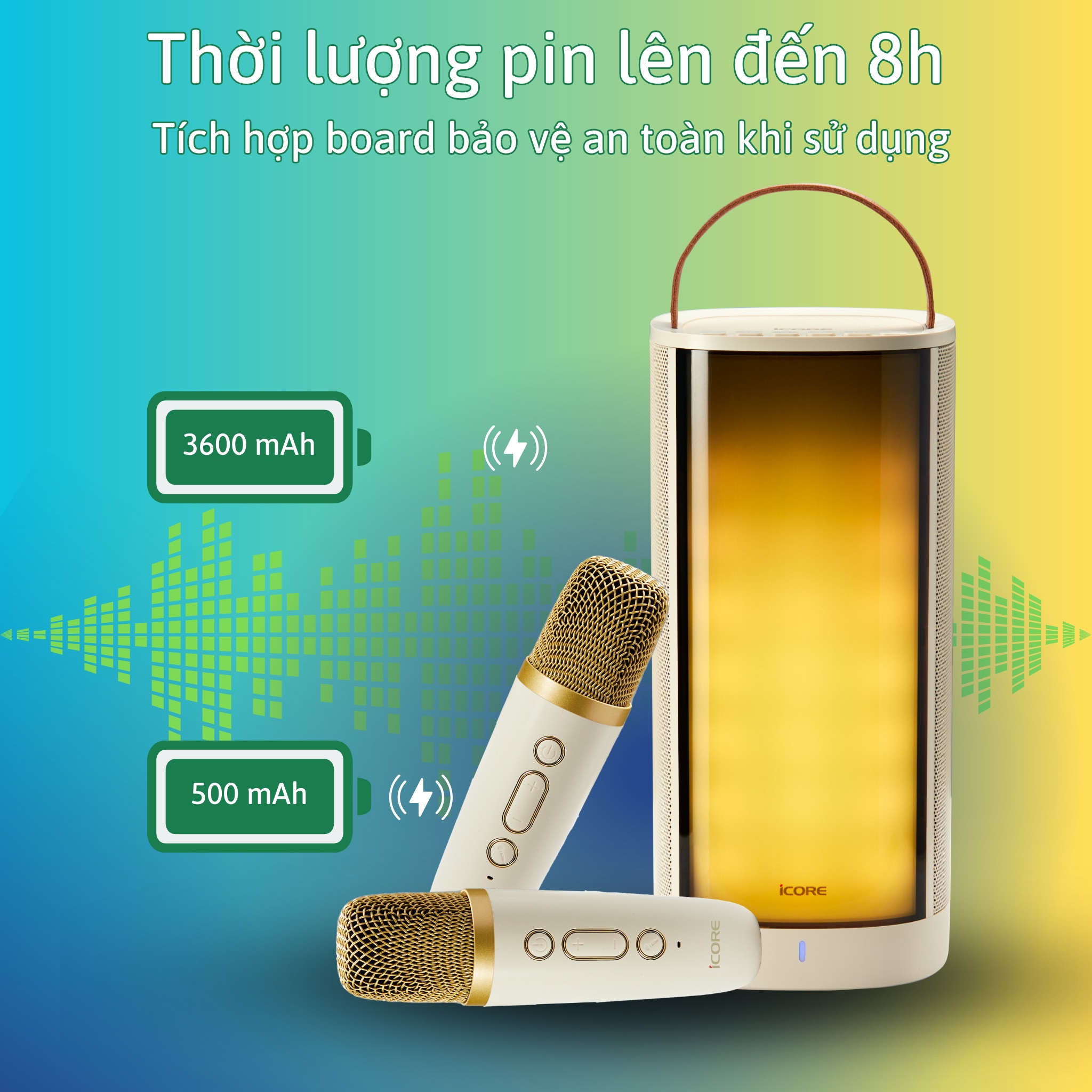 Bộ Loa Karaoke Mini Bluetooth iCore iParty kèm 2 micro không dây - Hàng chính hãng