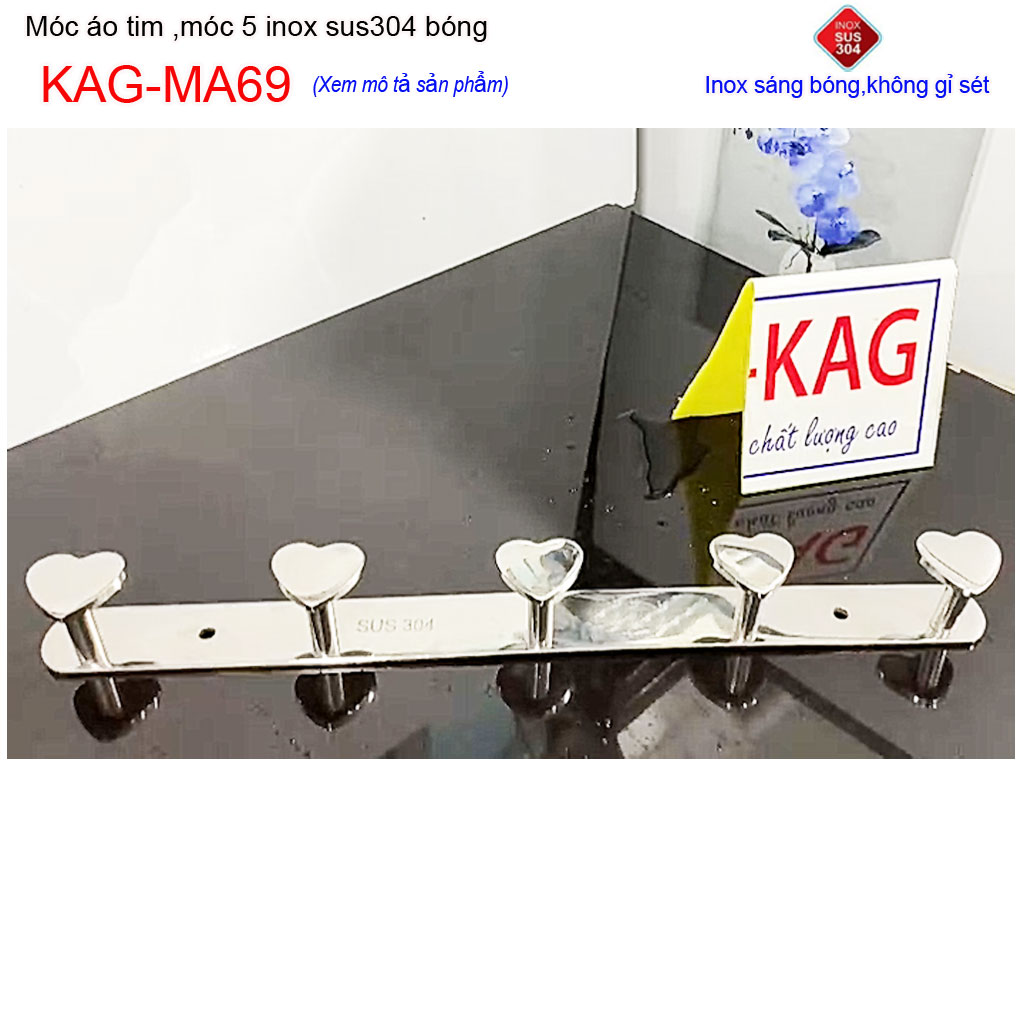 Móc treo quần áo inox 304 cao cấp dày, móc tim Kace 5 móc treo đồ nhà tắm KAG-MA69