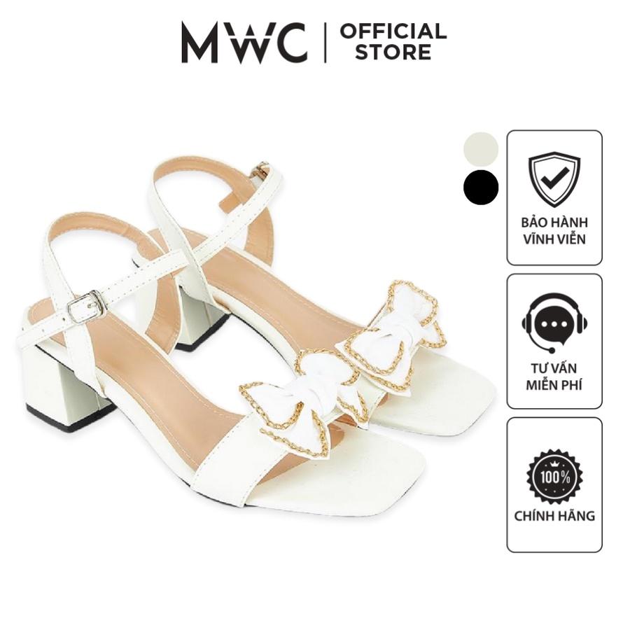 Giày Cao Gót MWC 4343 - Giày Sandal Cao Gót 5PQuai Ngang Đính Nơ Viền Xích Gót Vuông Thời Trang