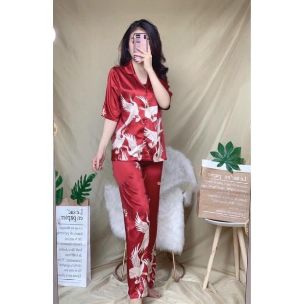 ️Có Quà Tặng️ Bộ Pijama Lụa Tay Ngắn Quần Dài Hình Hạc. Free size 40_60kg