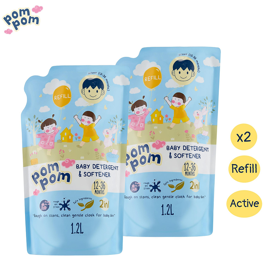 Combo 02 Túi 1.2L - Nước Giặt xả Pom Pom Active Sạch Khuẩn Khử Mùi (12 - 36 tháng)