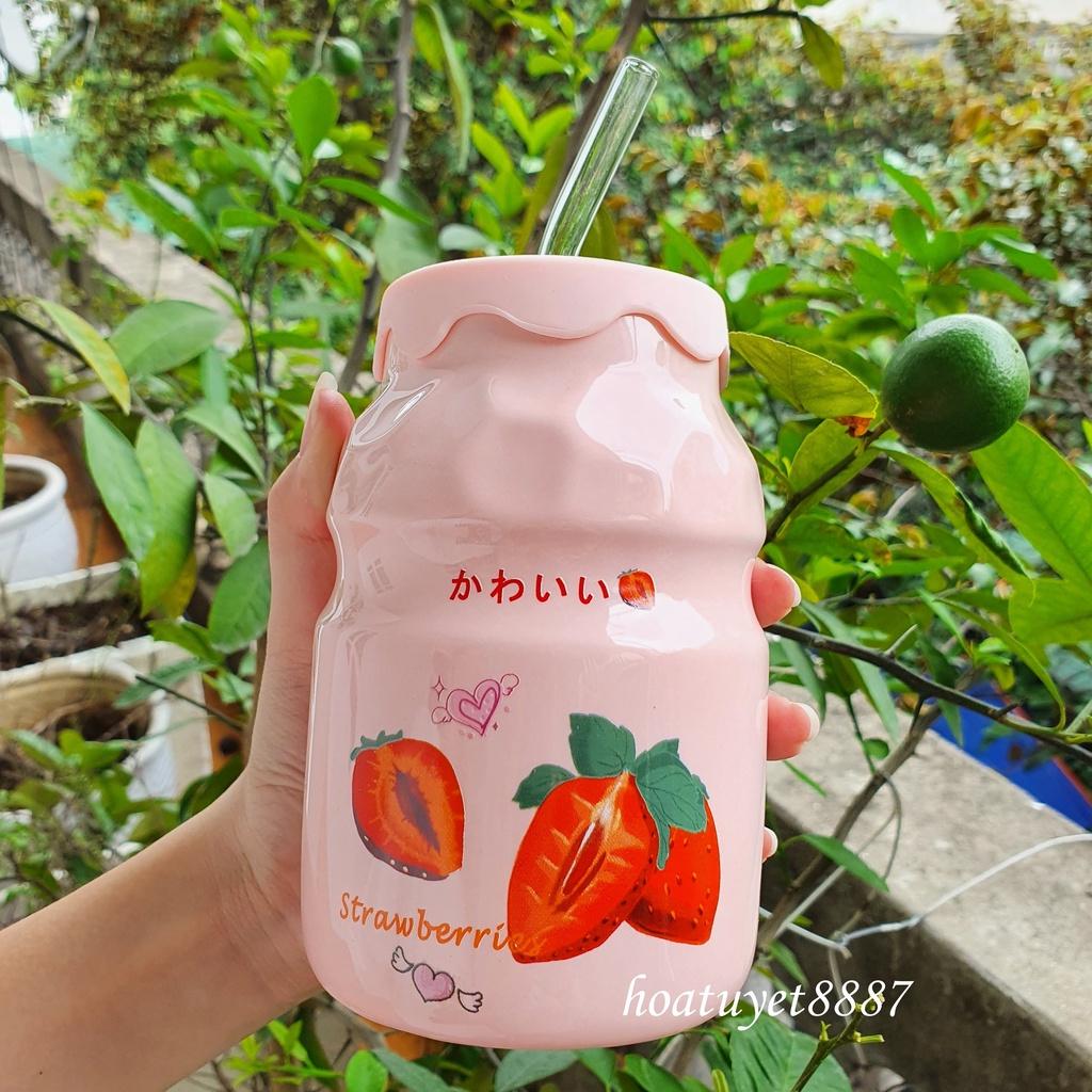 Ly cốc sứ uống nước Yakult dễ thương dung tích 550ml, có nắp đậy và Ống hút