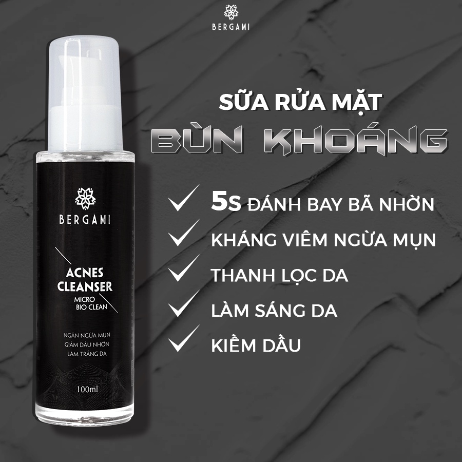 Sữa rửa mặt nam Bergami bùn khoáng, sáng da, sạch mụn, ngừa thâm 100ml/chai