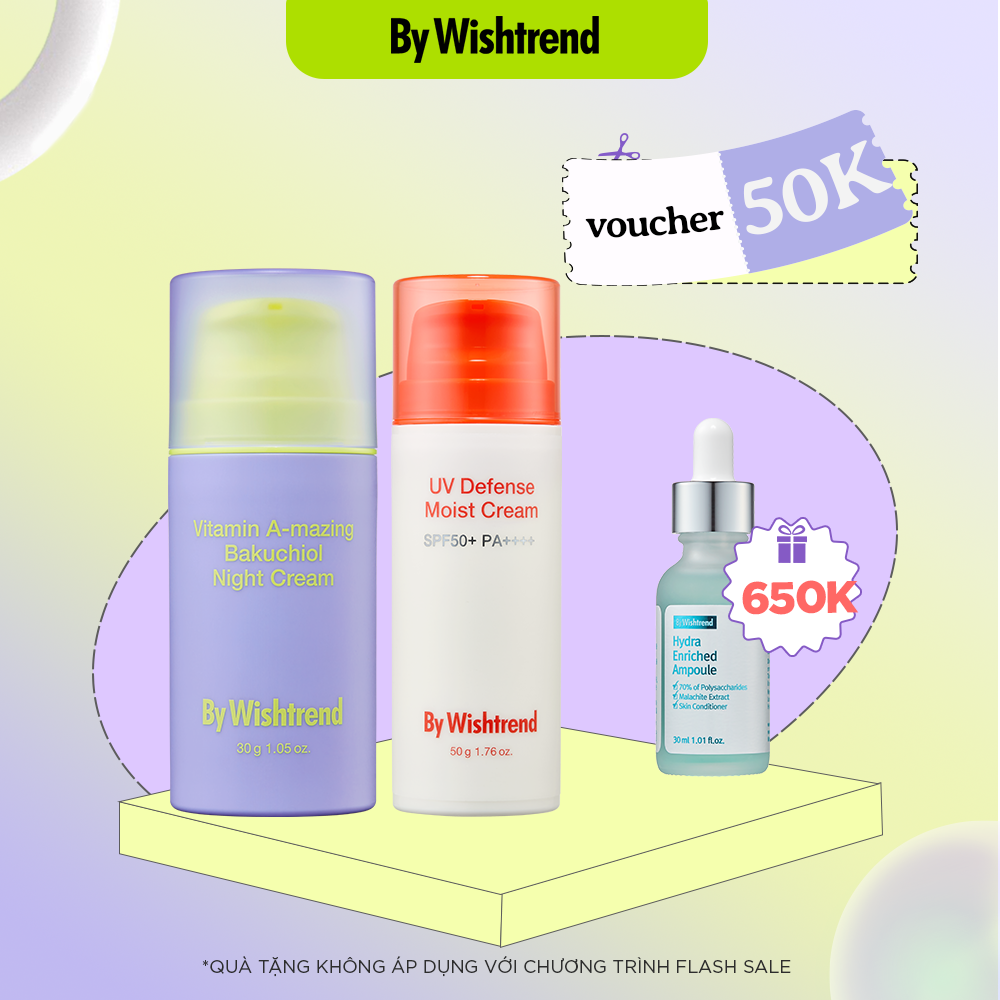 By Wishtrend Kem chống nắng UV Defense Moist Cream SPF50+PA++++ 50g + Kem ban đêm Vitamin A-mazing Bakuchiol Night Cream