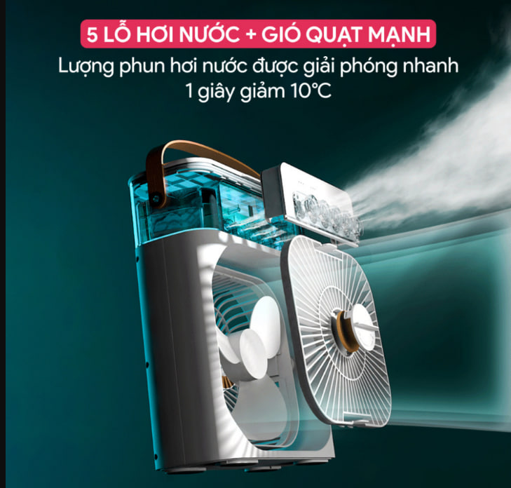 Quạt điều hoà hơi nước Mini Cooling, 3 chế độ gió dung tích bình chứa nước 600ml phun sương, Tích hợp đèn led, ẹn giờ thông minh