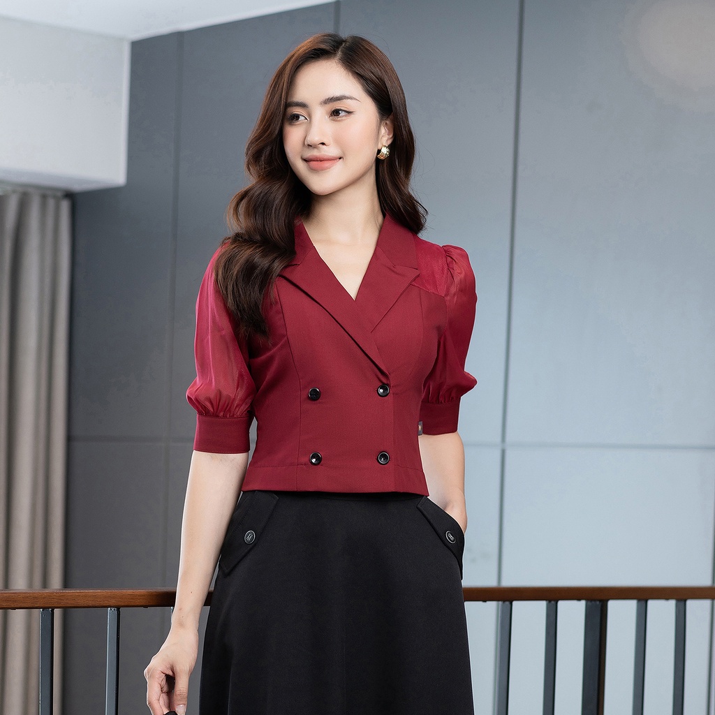 Áo Sơ Mi Nữ Công Sở Cổ Vest UK Fashion Tay Lỡ Giao Cúc Phối Tơ Ánh, Chất Liệu Nhập Hàn Mềm Mịn NKSM2112016