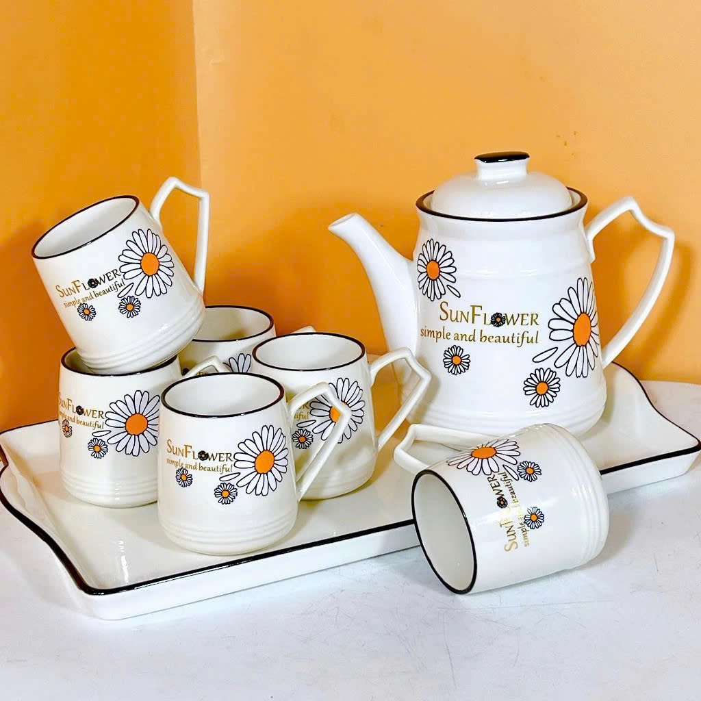 Bộ Ấm Trà Sứ Cao Cấp Kèm 6 Tách Trà + Khay Sứ Dày Dặn, Thiết Kế Tinh Tế Sang Trọng - HÀNG CHÍNH HÃNG MINIIN